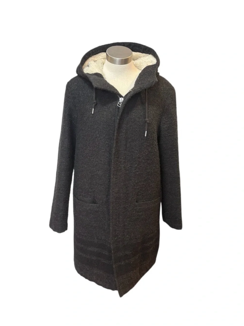 TNA Women's Charcoal Hooded Pea Coat Grey Wool Sherpa Lining Sz. M - Picture 2 of 9
